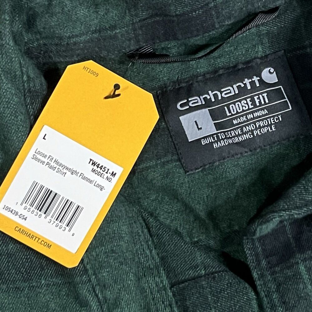 Carhartt Flannel Shirt Loose Fit Heavyweight Mens Sz L Green Plaid TW4451-M - Picture 5 of 10